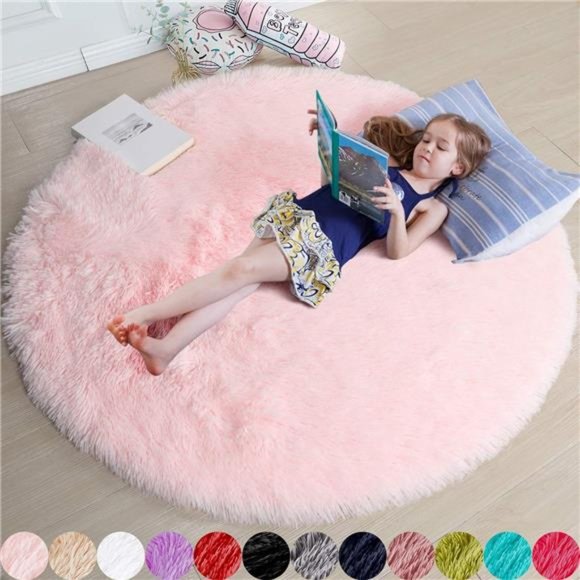 Pink Round Rug for Girls Bedroom,Fluffy Circle Rug5'X5'for Kids Room,FurryCarpet - Picture 1 of 6